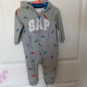 GAP Gray Hooded Onesie with Dinosaur Print 12-18 months